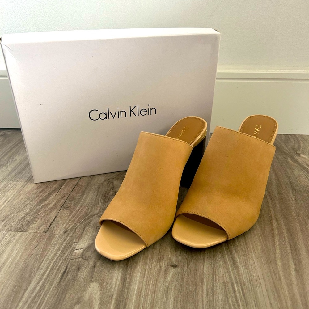 Calvin Klein Open Toe Leather Mules Sz 10